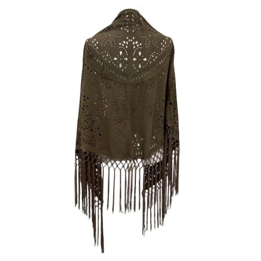 Muche et Muchette Olive Laser Cut Fringe Faux Suede Shawl